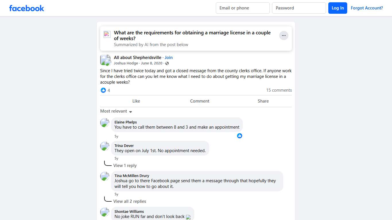 All about Shepherdsville Since I have tried twice today and got a closed message from the county clerks office Facebook