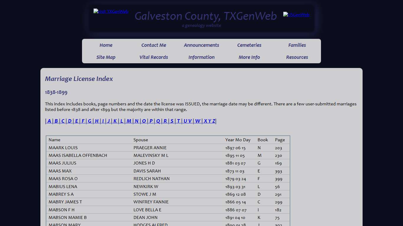 Marriage Index M, Galveston County, TXGenWeb
